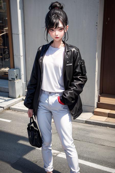 02847-2558915845-masterpiece, best quality,standing, black hair bun,cold face, full body,  jacket, white T-shirt, casual pants, (Fashionable clot.png